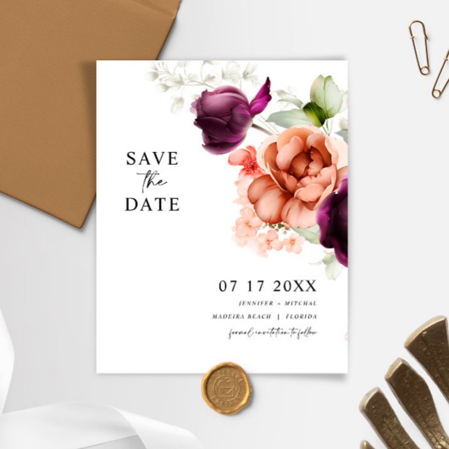 Budget Purple & Peach Flowers Save The Date Card (Creator Uploaded)