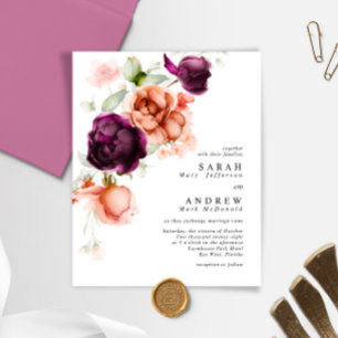 Budget Purple & Peach Flowers Wedding Invitation