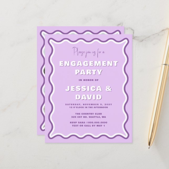 Budget Purple Photo Engagement Party Invitation (Front/Back In Situ)