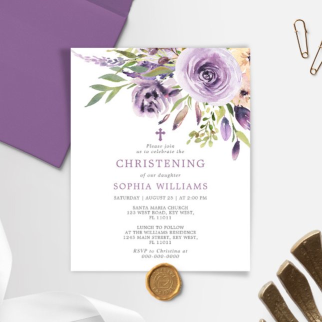 Budget Purple Rose Floral Christening Invitation (Creator Uploaded)