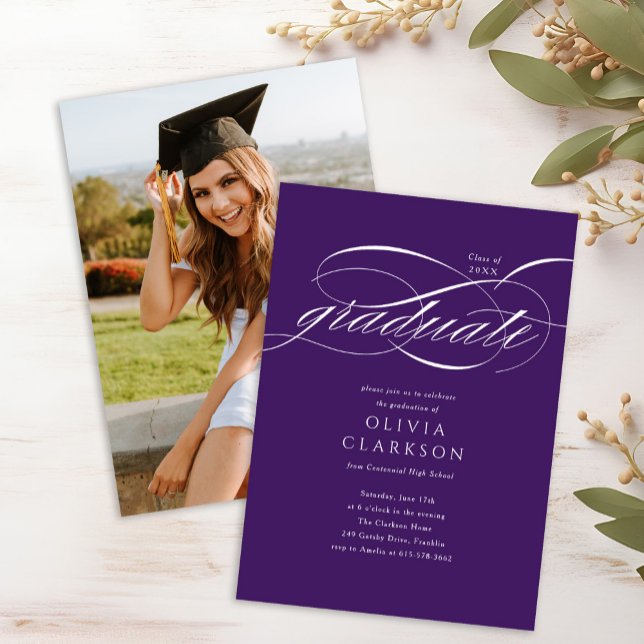 Budget Purple Script Photo Graduation Party Invitation (Creator Uploaded)