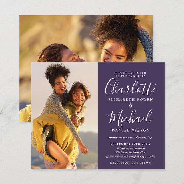 Budget Purple Script Photos Wedding Invitation (Front/Back)