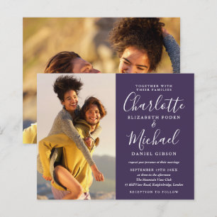Budget Purple Script Photos Wedding Invitation