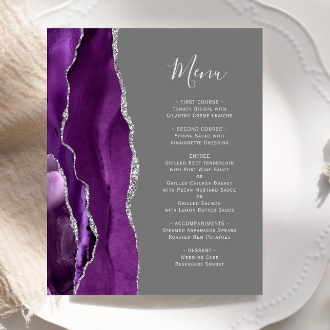Budget Purple Silver Agate Grey Wedding Menu (Creator Uploaded)