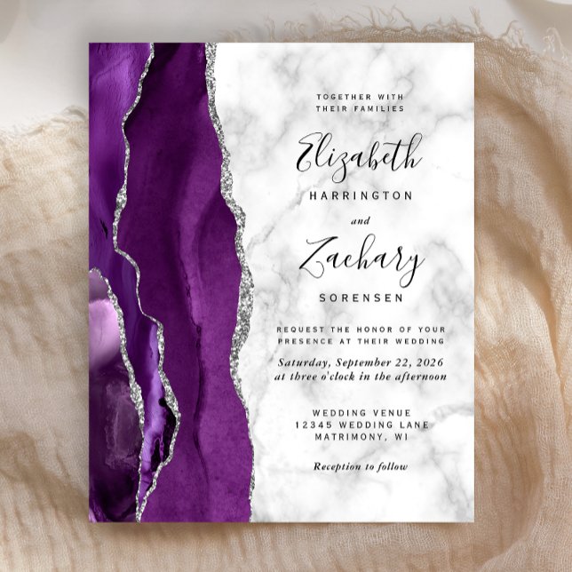 Budget Purple Silver Agate Marble Wedding Invite (Creator Uploaded)