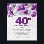 Budget Purple Silver Balloon Glitter 40th Birthday<br><div class="desc">Modern Glam Purple Violet Silver Balloon Glitter Sparkle Any Age Birthday Invitation</div>