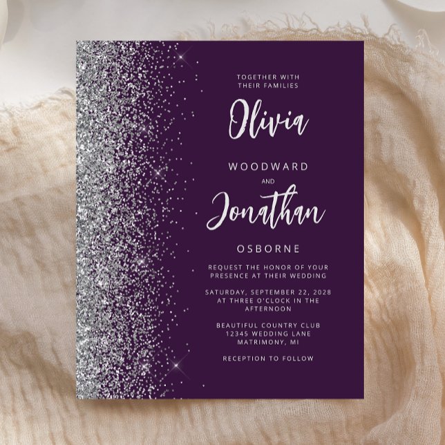 Budget Purple Silver Calligraphy Wedding Invite (Creator Uploaded)