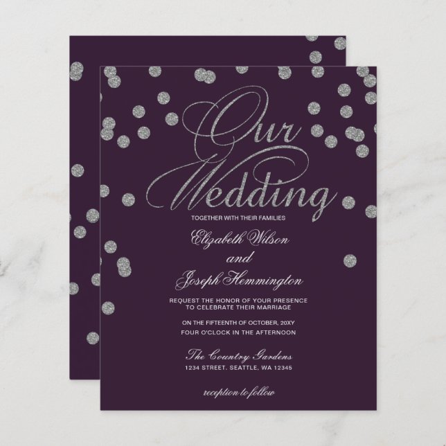 Budget Purple Silver Confetti Wedding Invitation (Front/Back)