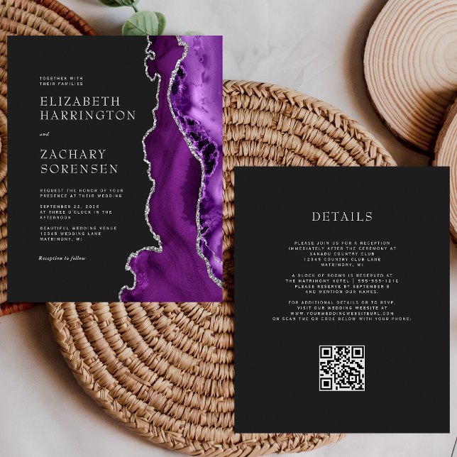 Budget Purple Silver Dark QR Code Wedding Invite (Creator Uploaded)