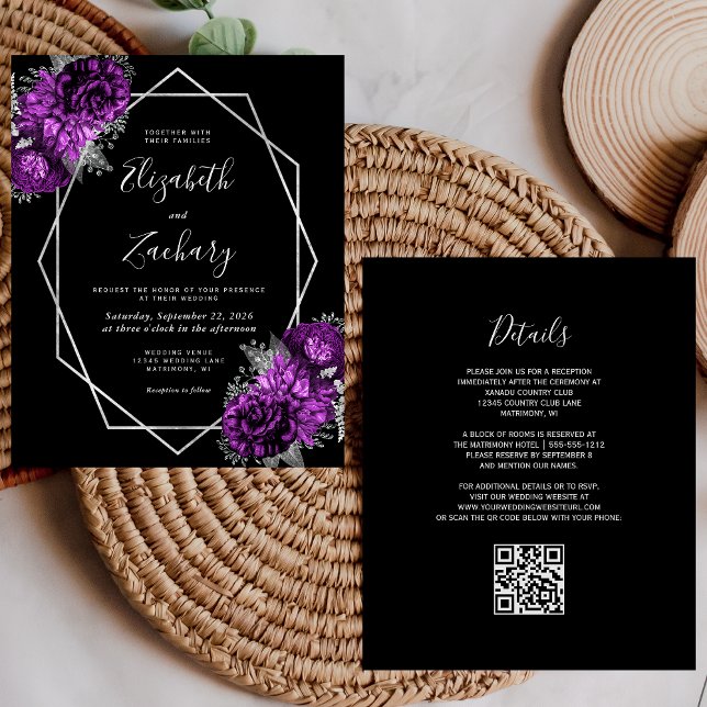 Budget Purple Silver Floral Black QR Code Wedding (Creator Uploaded)