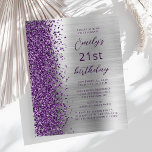 Budget Purple Silver Glam 21st Birthday Invite<br><div class="desc">The left-hand edge of this modern birthday party invitation features a purple faux glitter border. The customisable text combines purple script and sans serif fonts on a silver faux brushed metal background. The reverse side features a matching design.</div>