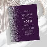 Budget Purple Silver Glitter 70th Birthday Invite<br><div class="desc">The left-hand edge of this elegant modern birthday party invitation features a silver faux glitter design. The customisable text combines silver grey handwriting,  copperplate and italic fonts on a dark purple background. The reverse side features a matching purple and silver glitter design.</div>