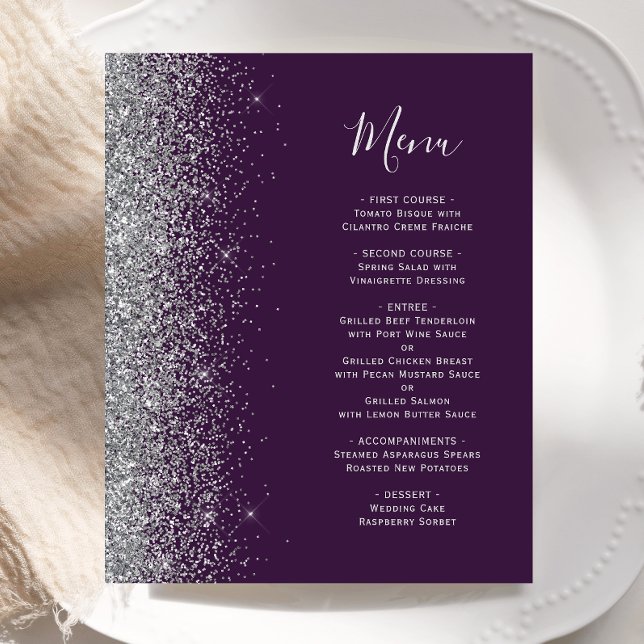 Budget Purple Silver Glitter Edge Wedding Menu (Creator Uploaded)