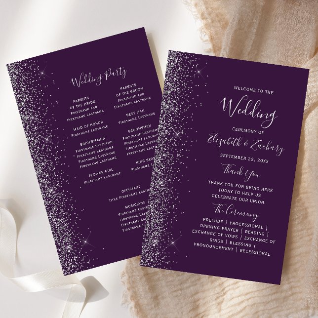 Budget Purple Silver Glitter Edge Wedding Program (Creator Uploaded)