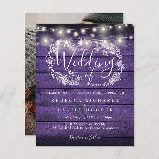 Budget Purple String Light Photo Wedding Invite (Front/Back)