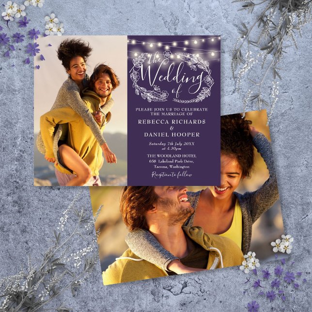 Budget Purple String Lights 2 Photo Wedding Invite (Budget Purple String Lights 2 Photo Wedding Invite)