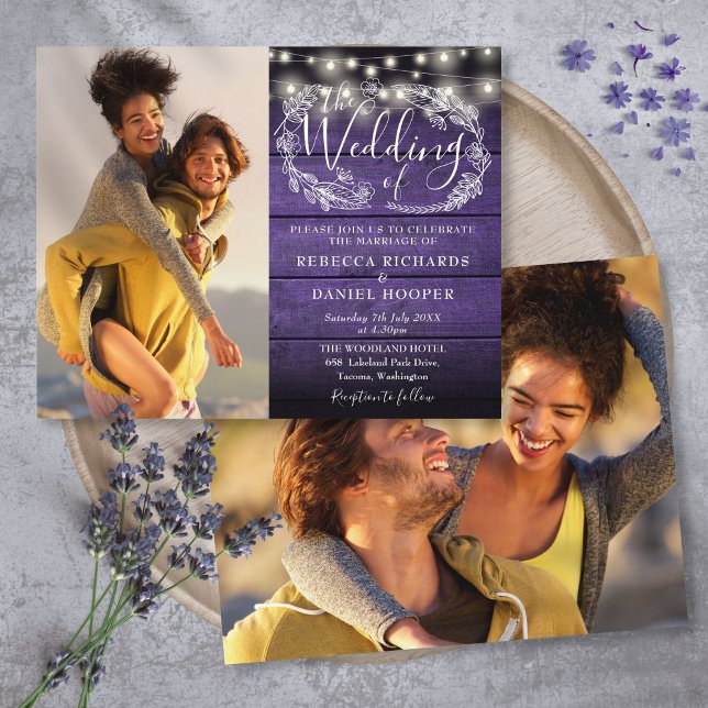 Budget Purple String Lights 2 Photo Wedding Invite (Budget Purple String Lights 2 Photo Wedding Invite)