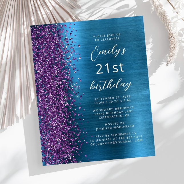 Budget Purple Teal Glam 21st Birthday Invite (Creator Uploaded)