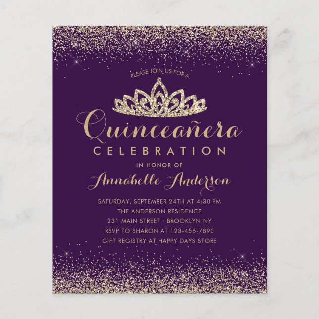 Budget Purple Violet Gold Quinceañera Tiara Invite (Front)