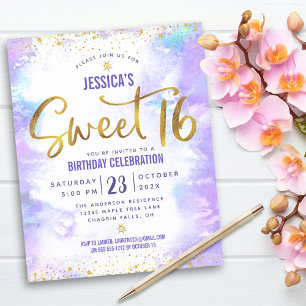 Budget Purple Watercolor Sweet 16 Gold Invitation
