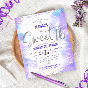 Budget Purple Watercolor Sweet 16 Silver Invite