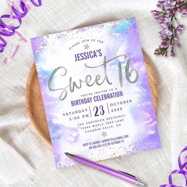 Budget Purple Watercolor Sweet 16 Silver Invite (Creator Uploaded)