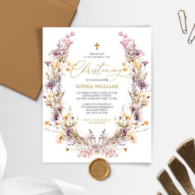 BUDGET Purple Wildflowers Christening Invitation (Creator Uploaded)