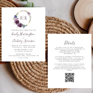 Budget Purple Wreath Monogram QR Code Wedding