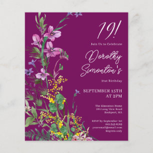 BUDGET Purple Yellow Floral 19th Birthday Invite
