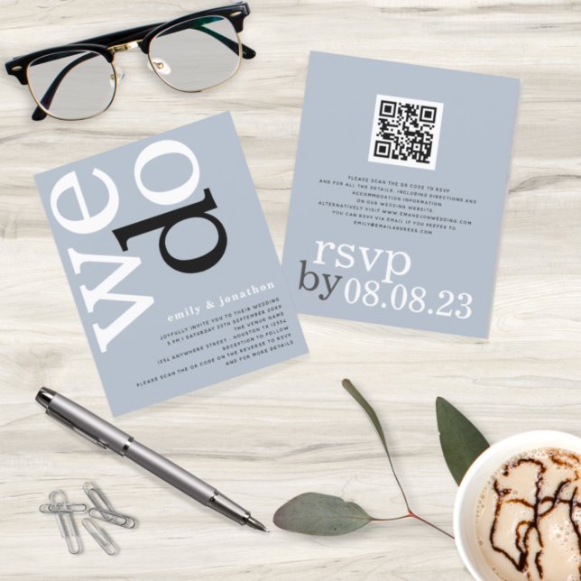 BUDGET QR code Dusty Blue Text Wedding Invite (Creator Uploaded)