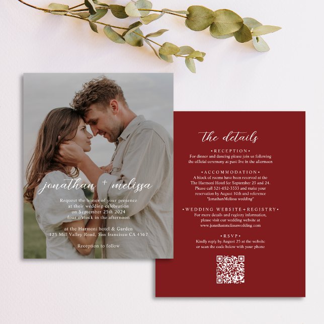 BUDGET QR Code Elegant Cranberry Red Photo Wedding (Creator Uploaded)