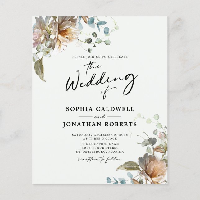 Budget QR Code Floral Calligraphy Wedding Invite (Front)