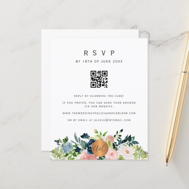 Budget QR CODE floral elegant invitation RSVP (Front/Back In Situ)