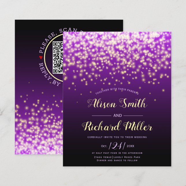 BUDGET QR code Lights purple wedding invitation (Front/Back)