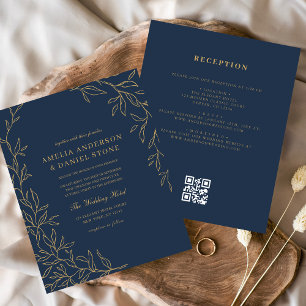 Budget QR Code Navy Blue Gold Wedding Invitation Flyer