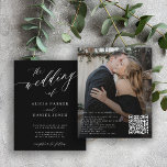 Budget QR code photo modern wedding Invitation<br><div class="desc">Elegant trendy BUDGET photo wedding invitation with "the wedding of" white text and black background featuring a chic calligraphy script and your QR CODE (automatically generated). Personalise it with your engagement photo on the backside and your text. This timeless wedding invite is suitable for modern style formal wedding ceremonies and...</div>