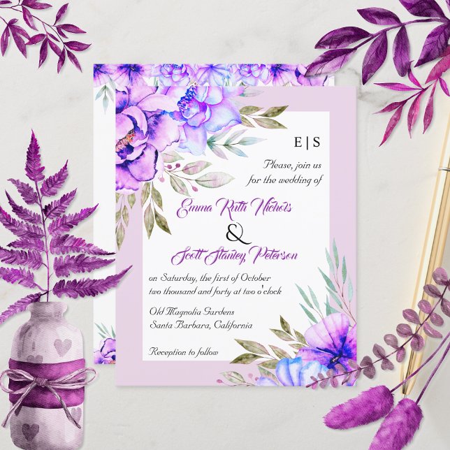 BUDGET QR code purple flowers wedding invitation (Creator Uploaded)