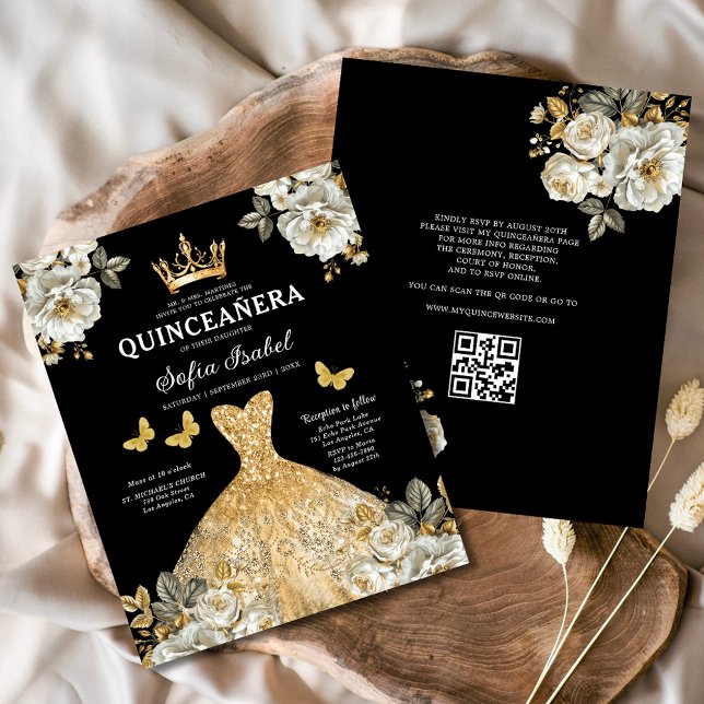 Budget QR Code Quinceanera Floral Gold Princess  Flyer (Creator Uploaded)