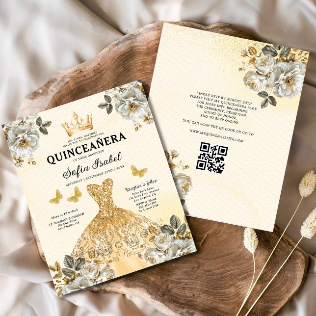 Budget QR Code Quinceanera Floral Gold Princess  Flyer (Creator Uploaded)