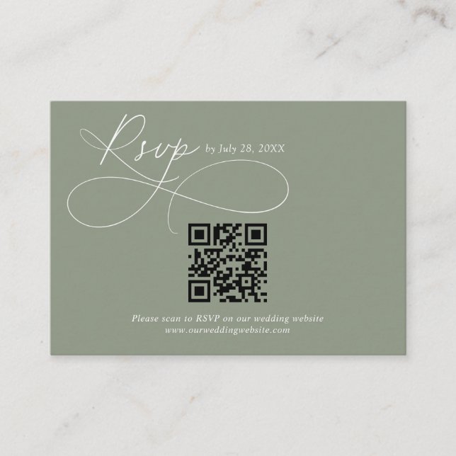 BUDGET QR Code Sage Green Calligraphy Wedding Rsvp Enclosure Card (Front)