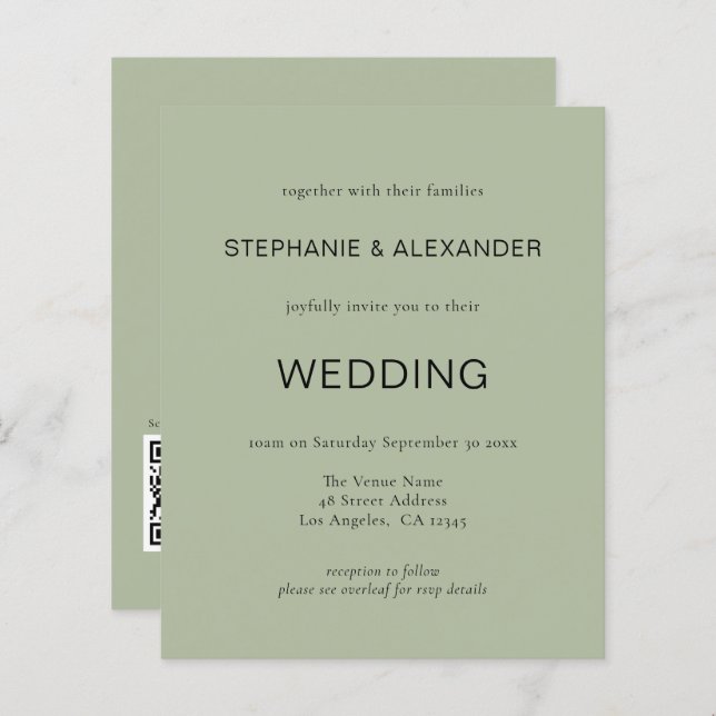 Budget QR Code Sage Green Wedding Invite (Front/Back)