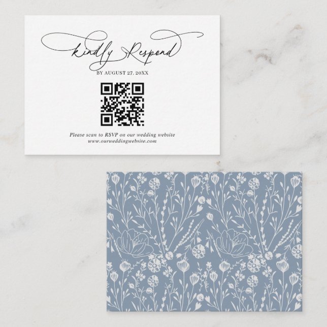 Budget QR Code Script Floral Dusty Blue Wedding Enclosure Card (Front/Back)