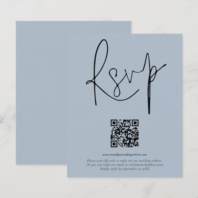 Budget QR Code Script Wedding Dusty Blue RSVP (Front/Back)
