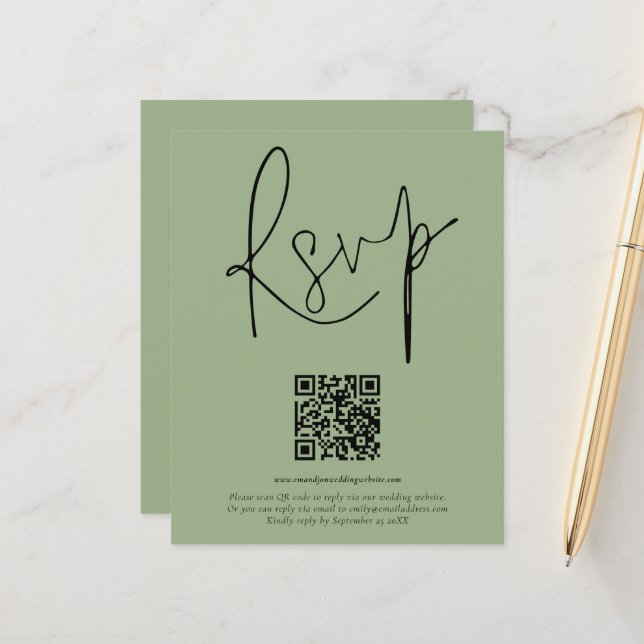 Budget QR Code Script Wedding Sage RSVP (Front/Back In Situ)