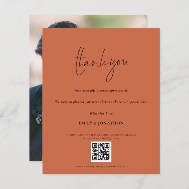 Budget QR Code Wedding Photo Terracotta Thank you  (Front/Back)