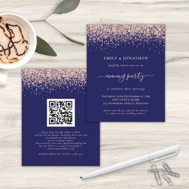 Budget QR Rose Gold Glitter Navy Evening Wedding (Creator Uploaded)