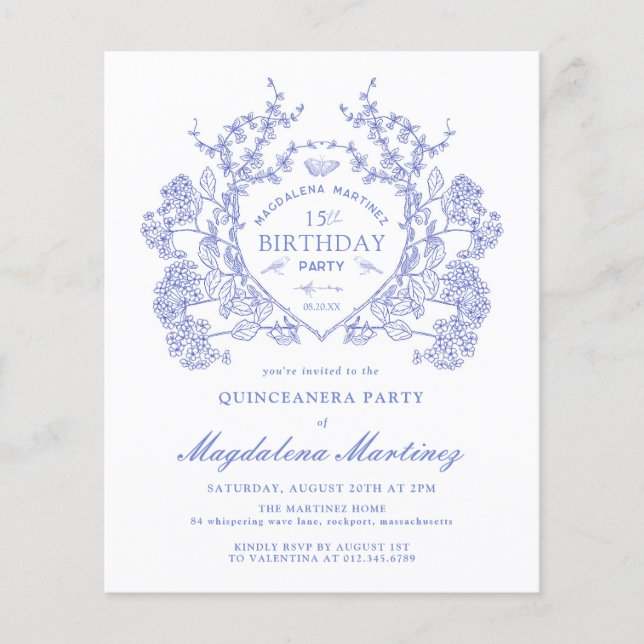 BUDGET Quinceanera Birthday Blue Floral Crest (Front)