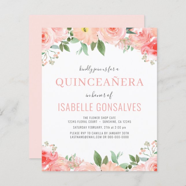 Budget QUINCEAÑERA Birthday Coral Peach Invitation (Front/Back)