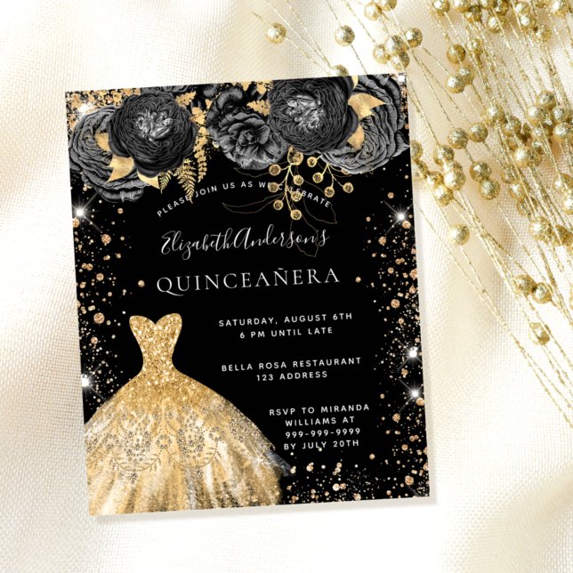 Budget Quinceanera black gold glitter dress floral (Creator Uploaded)