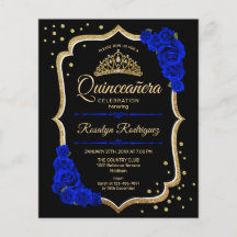 Budget Quinceanera -  Black Gold Royal Blue Invite